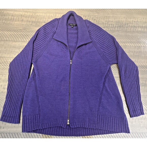Eileen Fisher Sweater Cardigan SZ Medium Merino Wool Purple Long Sleeve Zip Up - Picture 1 of 7
